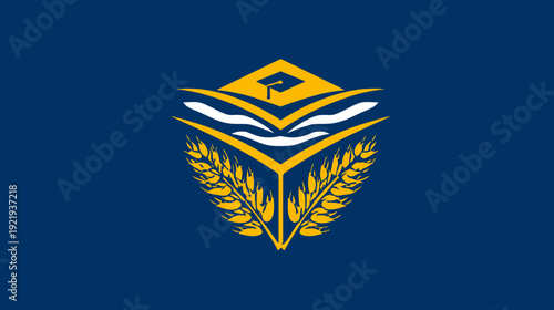 A stylized emblem with a wheat-like detail, mortarboard, and open books in white and gold