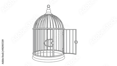 Empty antique birdcage with an open door stands alone as a symbol of freedom liberty or the absence of a captive pet bird.