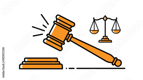 Wooden gavel strikes a block next to scales of justice representing a legal verdict court ruling or judicial law enforcement.