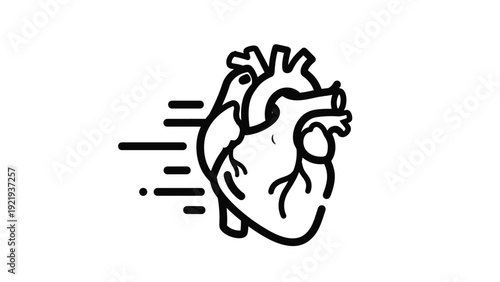 Simple black icon of a human heart with motion lines on the side representing a fast heartbeat pulse or intense exercise.