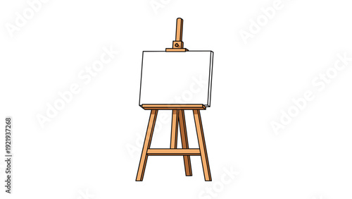 Wooden artist's easel holds a blank white canvas ready for painting sketching or displaying a creative piece of artwork.