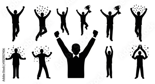 Silhouettes of people celebrating success with confetti and trophies.