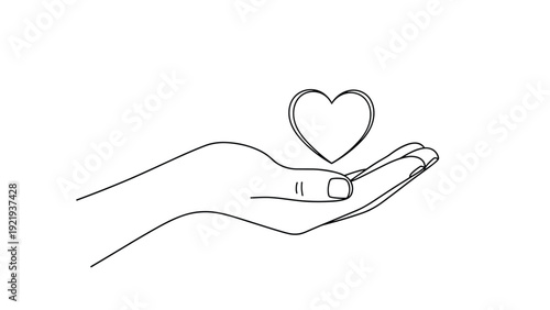 Simple outline of a human hand gently cupping a small heart symbol representing love care affection or global charity work.