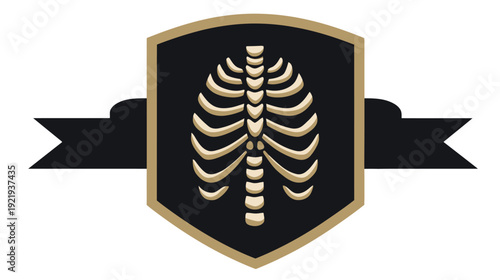 Black emblem featuring a rib cage, outlined by gold, set on a shield, crossed by a ribbon