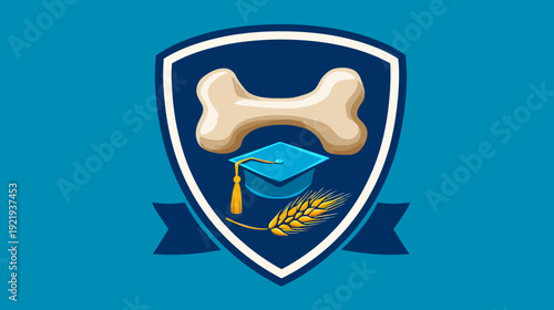 A crest illustration, showcasing a bone, graduation cap, and wheat. A dark blue ribbon is beneath it