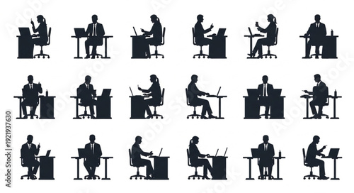 Silhouettes of people working at desks with computers.