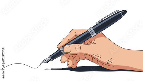 Person holding a classic black fountain pen and drawing a line for professional writing, signature, and calligraphy art concepts.