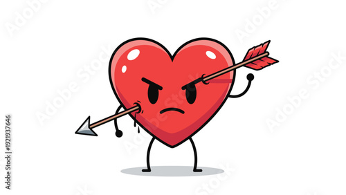 Red heart character with an angry facial expression and an arrow pierced through it for heartbreak and breakup relationship concepts.