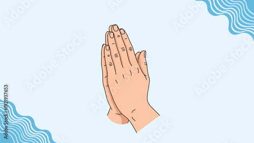 Human hands folded together in a prayer gesture for faith, spirituality, religion, and hope concepts on light blue wave background.