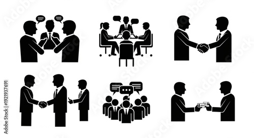 Business Meeting Handshake and Discussion Icons Silhouette.