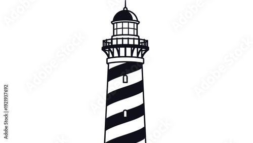 Black and white striped lighthouse tower for maritime navigation, coastal safety, and landmark travel destination concepts.