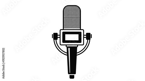 Professional studio microphone line drawing for podcasting, recording, broadcasting, and music production concepts on white background.