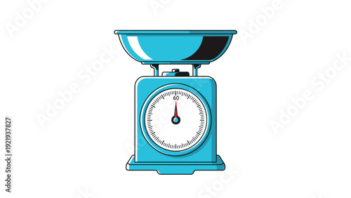 Blue analog kitchen scale with a metal bowl for food weighing, precise measurement, and baking preparation concepts on white background.