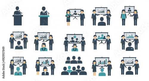 Business meeting presentation with charts and graphs.