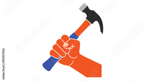 Raised fist holding a hammer for labor rights, strength, construction work, and home repair repair concepts on white background.