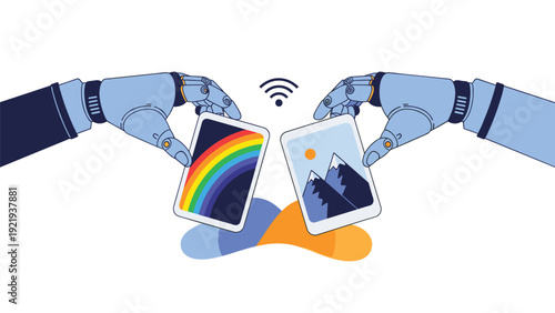 Two robotic hands holding digital screens displaying a rainbow and mountains for high-tech communication and data sharing concepts.