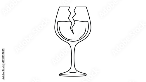 Half full wine glass with a large crack for fragility, damage, broken relationship, and failure concepts on plain white background.