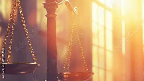 Golden Scales of Justice illuminated by sunlight in a modern courtroom setting representing legal balance and corporate compliance