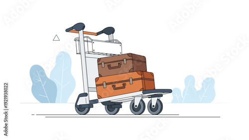 Airport luggage cart carrying two vintage style suitcases for travel and tourism concept illustration on a simple blue background.