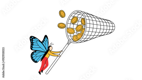 Fantasy character with butterfly wings using a net to catch falling gold coins in a unique conceptual illustration about financial success.