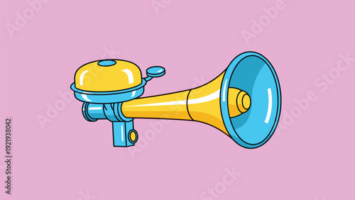 Brightly colored bicycle bell and horn accessory set in yellow and blue for cycle safety and decoration for a kid or adult bike.