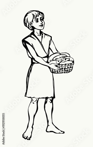 Vector drawing. The boy offers 5 loaves of bread and 2 fish