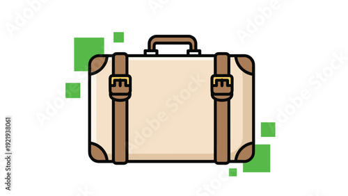 Vintage travel suitcase with leather straps and buckles against a background of green geometric shapes representing holiday trips.