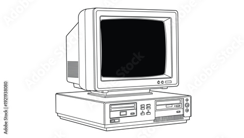 Old fashioned personal computer with a monitor and base unit representing technology from the early digital era in a line art sketch.