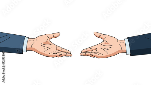 Two hands wearing formal suit sleeves reaching out toward each other to initiate a professional business handshake or partnership.