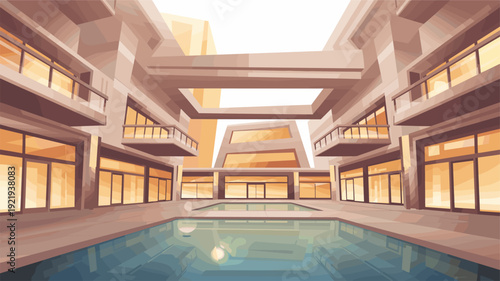 Stylized geometric illustration of a modern atrium with a rectangular pool, glowing windows, clean lines, and sharp architectural forms in muted earthy tones and vibrant blues.