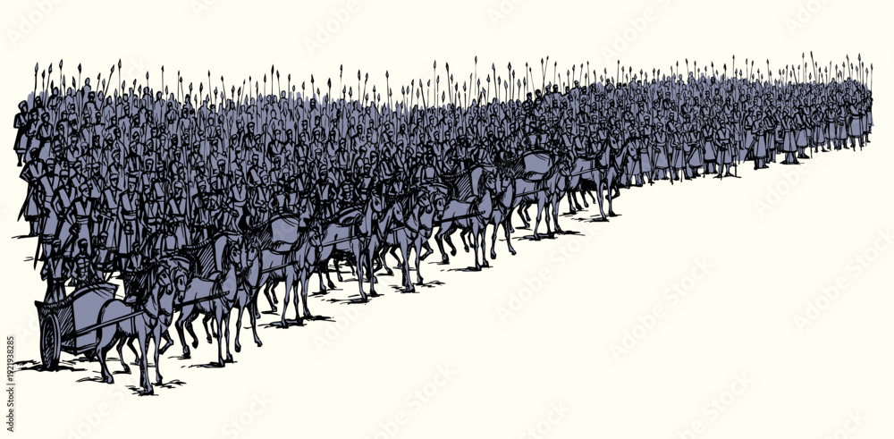 Obraz premium Vector drawing. Army on chariots
