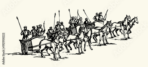 Vector drawing. Army on chariots
