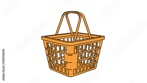 Orange plastic shopping basket with handles used for carrying groceries in a supermarket or retail store in a colorful line art style.