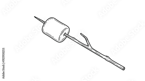 Single white marshmallow roasted on a thin wooden stick representing a popular campfire snack or outdoor treat in a detailed drawing.