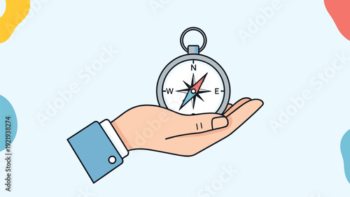 Hand wearing a professional suit sleeve holding a magnetic compass with a needle pointing north for navigation and travel direction.