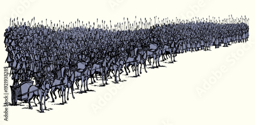 Vector drawing. Army on chariots