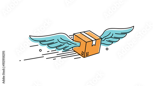 Brown cardboard delivery box with blue wings flying to represent fast shipping logistics and express mail services in a graphic style.