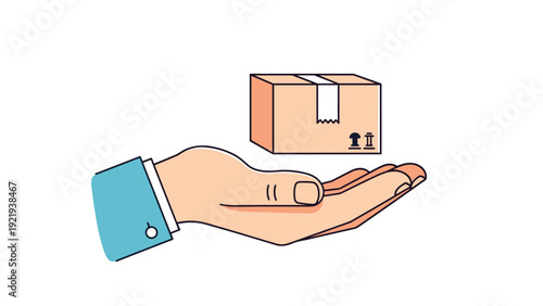 Human hand holding a small cardboard shipping box representing delivery, logistics, e-commerce, and package handling services.