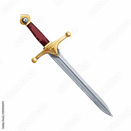Medieval sword with golden hilt with transparent background