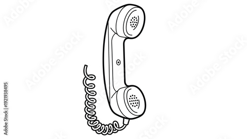 Retro telephone receiver with a curly cord illustrated in a simple black and white line art style for communication and call themes.