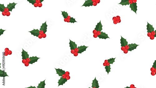 Seamless pattern of holly berries and green leaves representing Christmas holiday decorations, winter nature, and festive seasons.