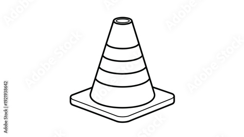 Striped traffic cone illustrated in a simple black and white outline for road safety, construction, and warning signal themes.