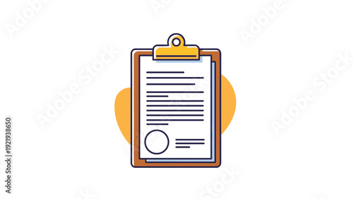 Clipboard with a formal document and a circular seal shown on a yellow background for business, legal, and medical applications.