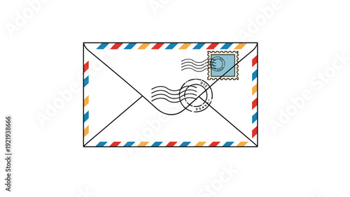 Traditional airmail envelope with colorful borders and vintage postal stamps representing communication and international mail.
