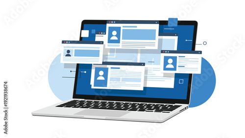 Laptop computer with multiple floating browser windows and user profiles representing multitasking, remote work, and internet usage.