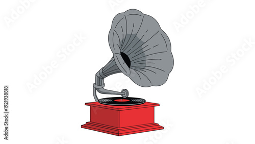 Vintage gramophone with a red base and grey horn representing classic music, old technology, and nostalgic audio recordings.