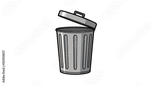 Metallic trash can with its lid open shown in a shaded illustration for sanitation, waste disposal, and cleaning themes.