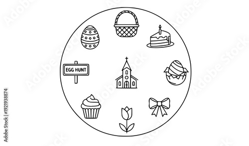 Easter Line Icon Set with Decorative Eggs Basket Church Cake and Egg Hunt Outline Symbols