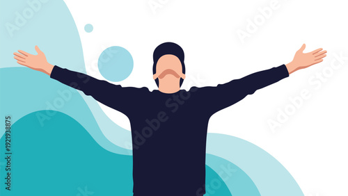 Man standing with arms wide open against a wave-like abstract background representing freedom, success, and joyful emotions.