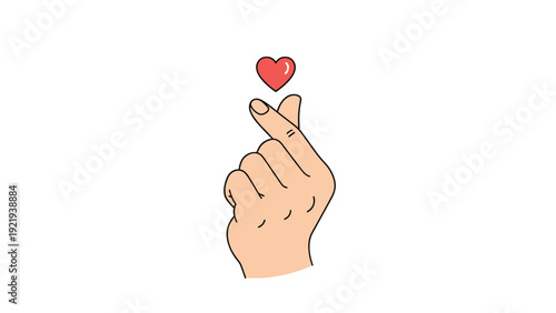 Human hand making a finger heart gesture with a small red heart above it symbolizing love, affection, and K-pop culture.
